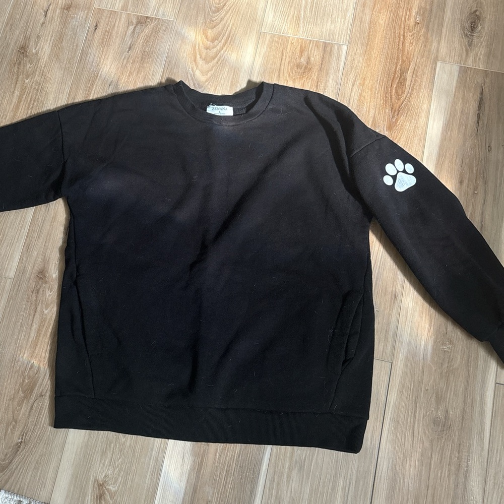 Zenana Outfitters Black Crewneck Sweater with White Paw Print